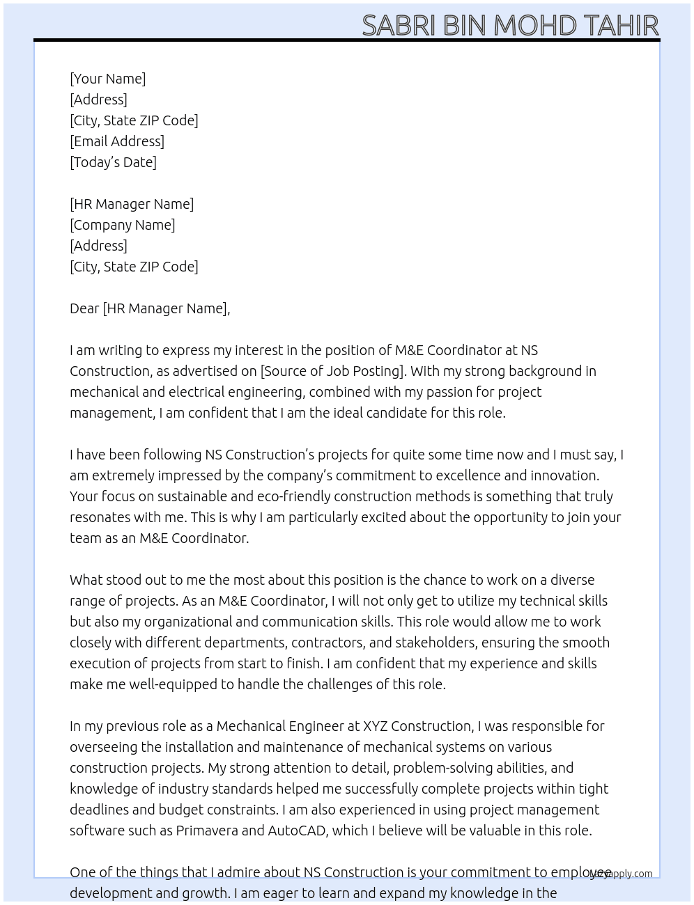M&E Coordinator At NS Construction Cover Letter