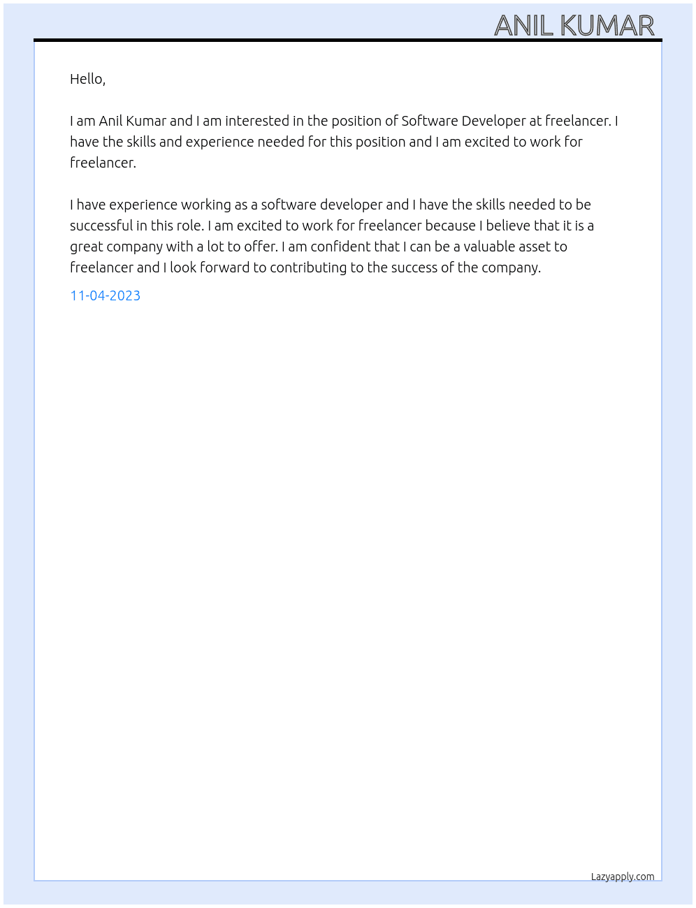 Software Developer   At feelancer  Cover Letter
