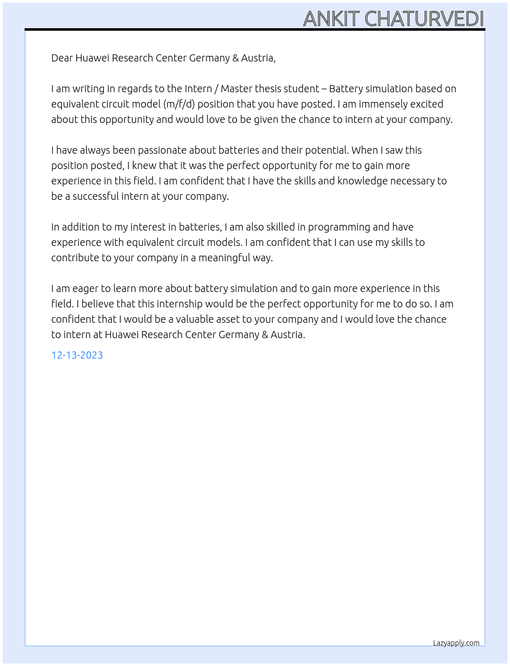 Intern / Master thesis student – Battery simulation based on equivalent circuit model (m/f/d) At Huawei Research Center Germany & Austria Cover Letter