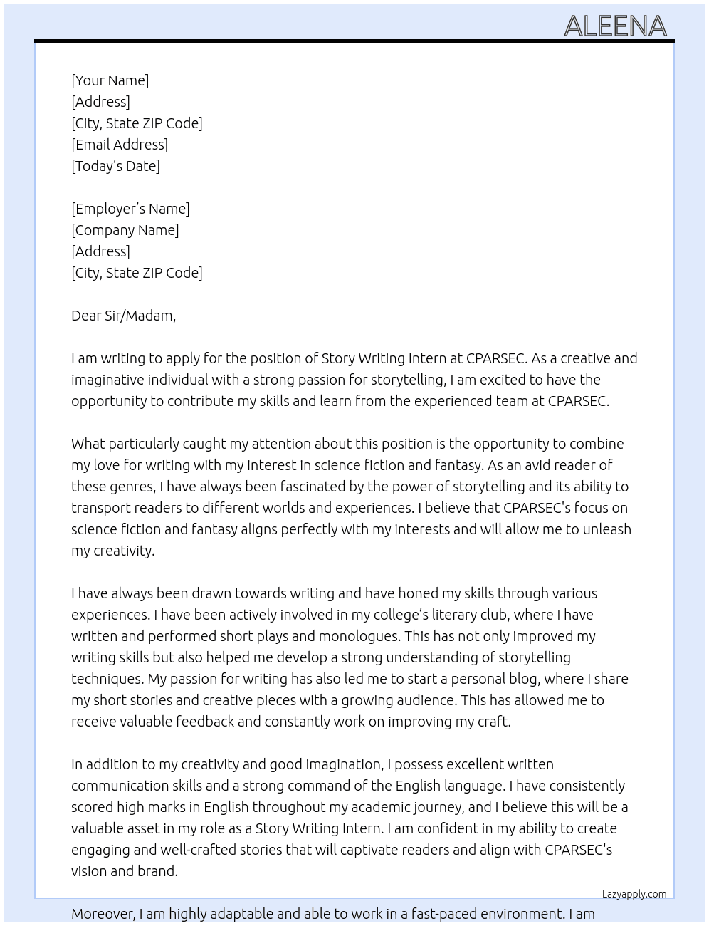 Story Writing Intern At CPARSEC Cover Letter