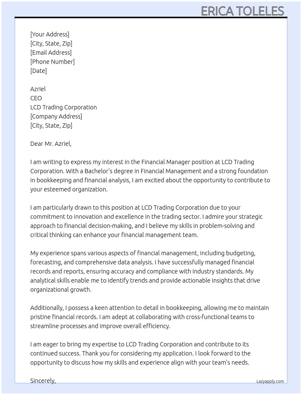 Financial manager At LCD trading corporation Cover Letter