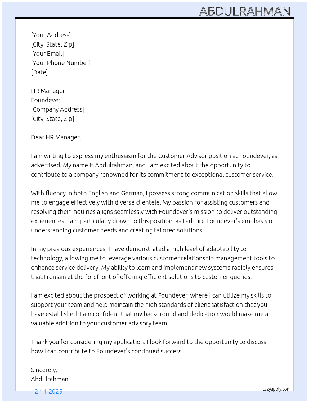 Customer Advisor for Foundever At Foundever  Cover Letter