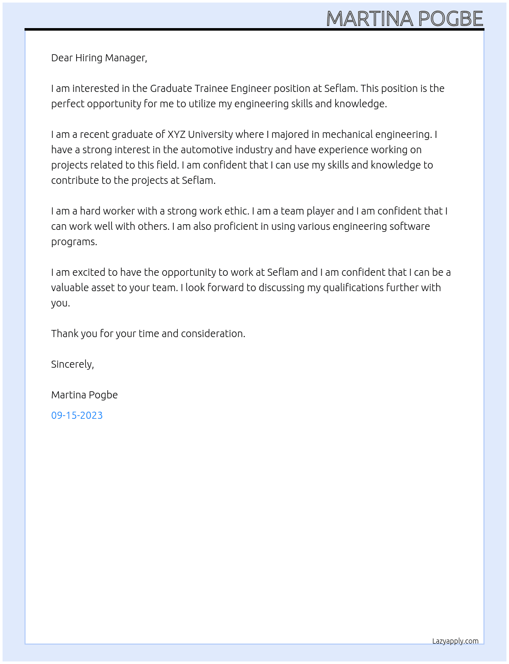 Graduate Trainee Engineer  At Seflam Cover Letter
