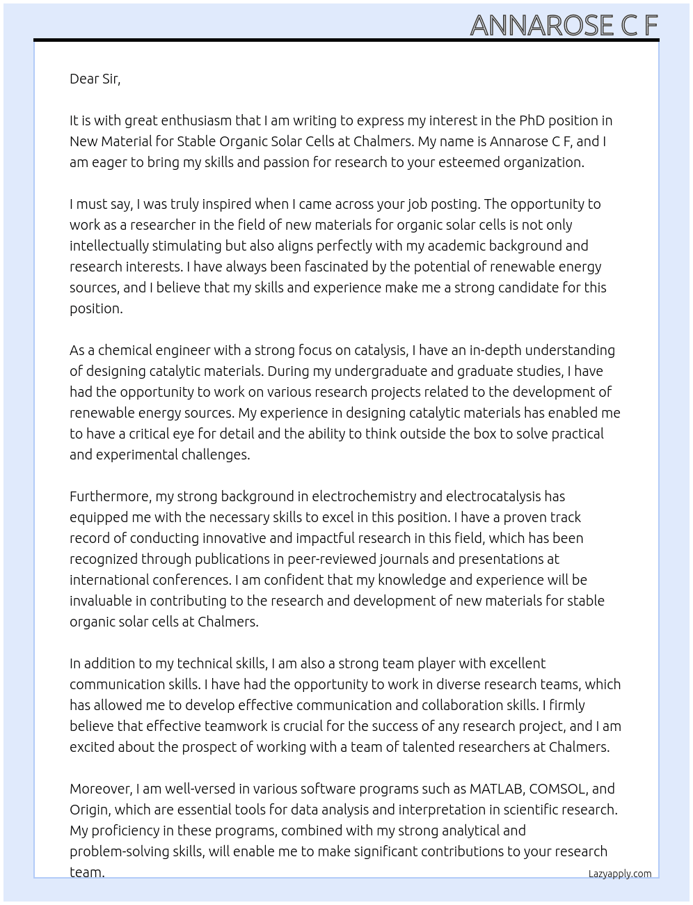 PhD position in New material for stable organic solar cells  At Chalmers  Cover Letter