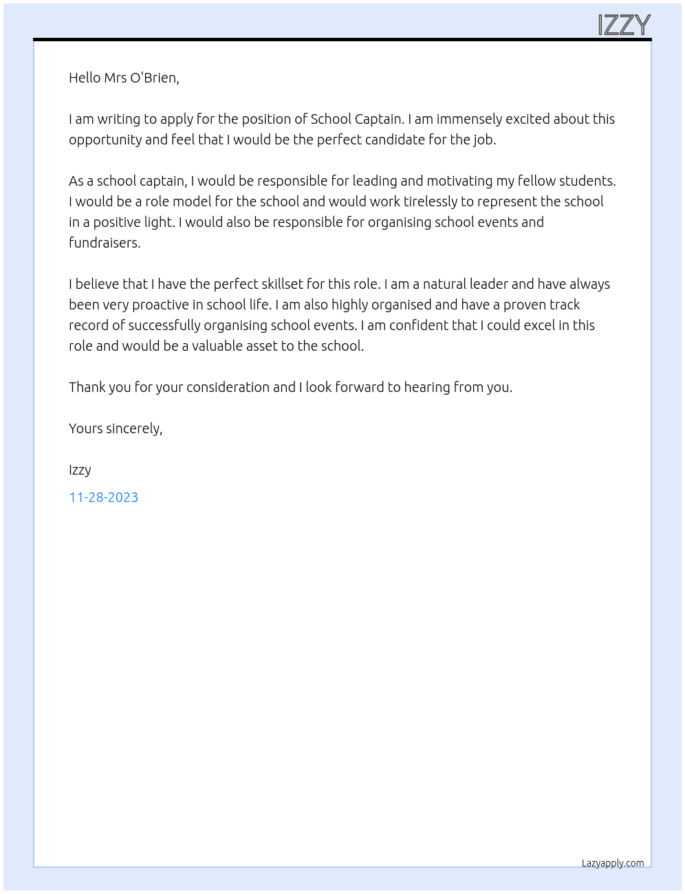School Captain At Izzy Cover Letter