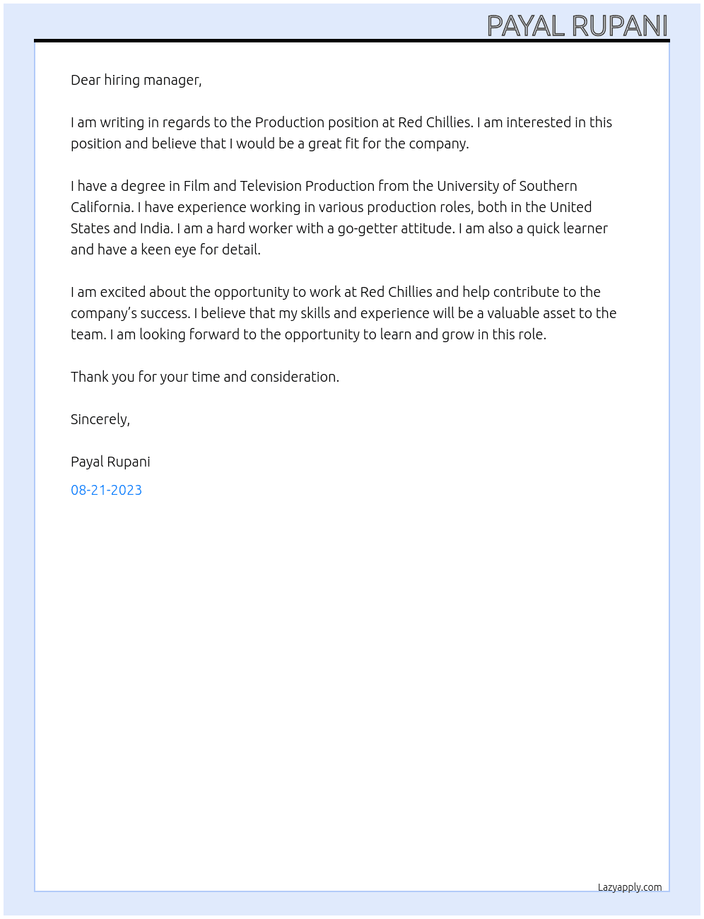 Production  At Red Chillies Cover Letter