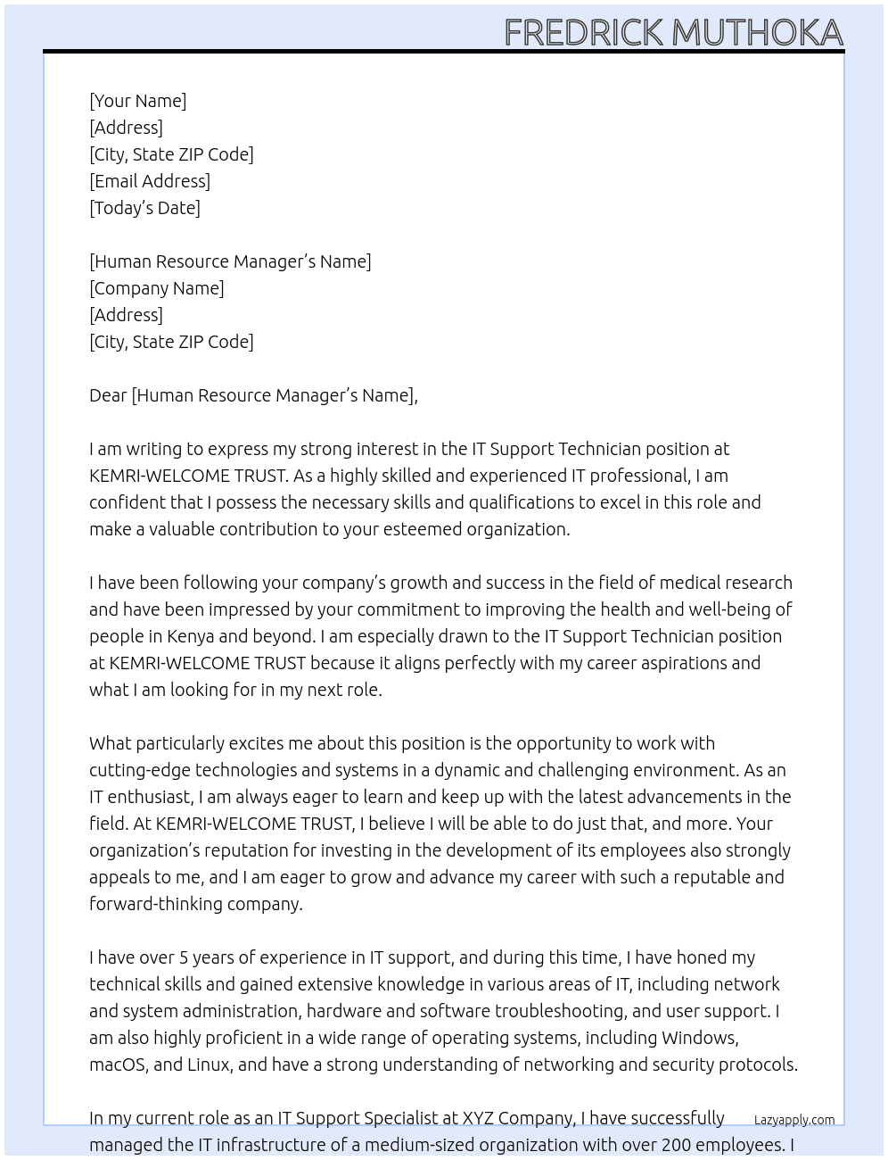 IT SUPPORT TECHNICIAN At KEMRI-WELCOME TRUST Cover Letter