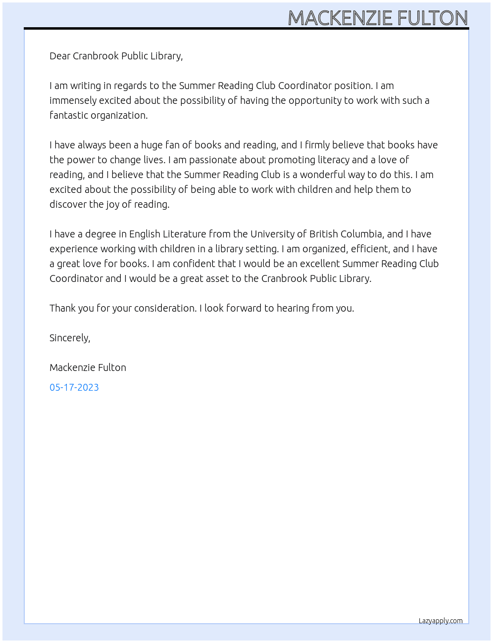 Summer Reading Club Coordinator At Cranbrook Public Library Cover Letter