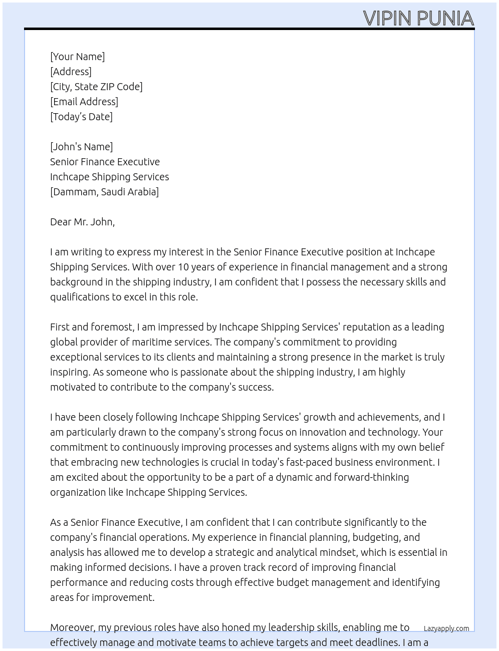 Senior Finance Executive At Inchcape shipping services Cover Letter