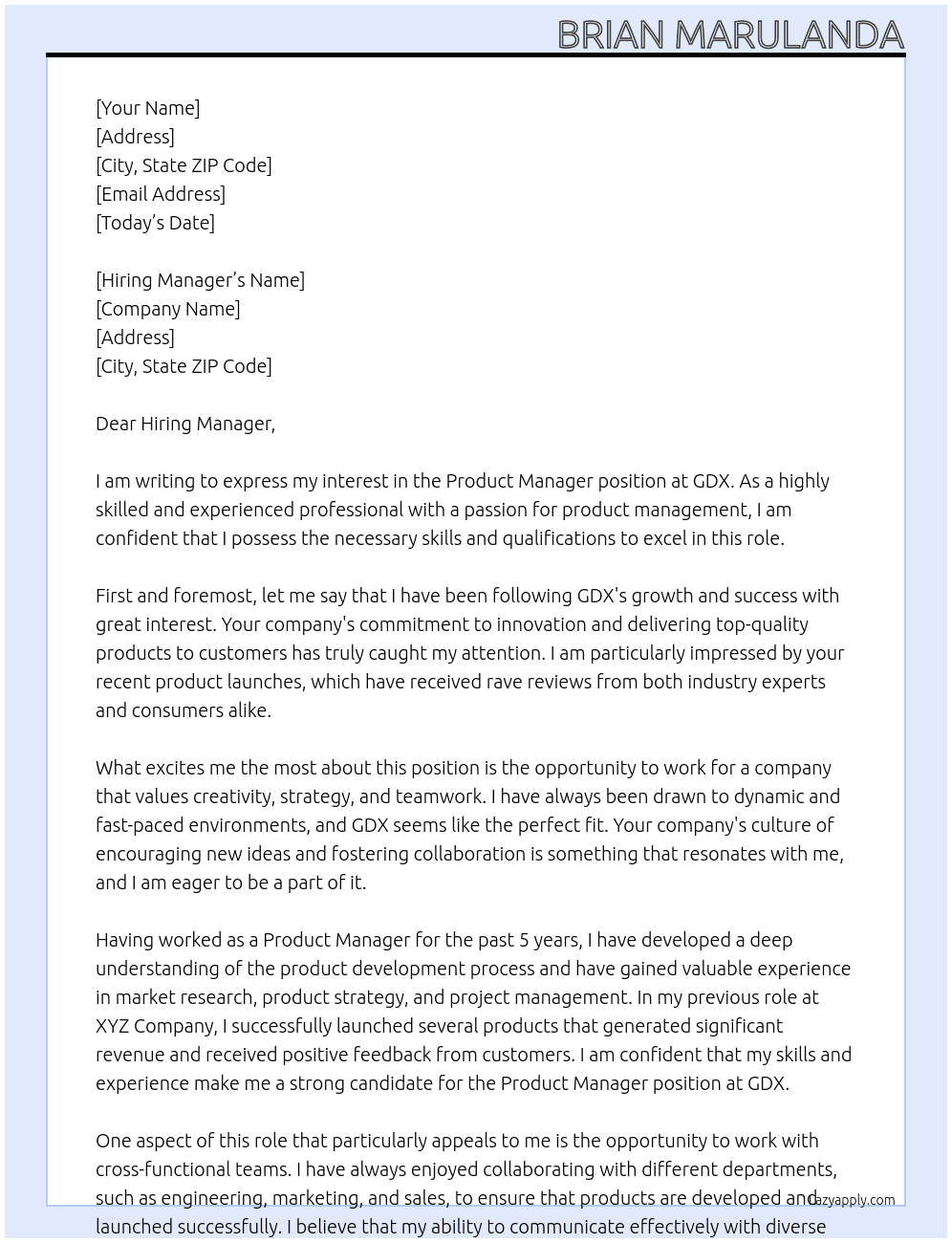 Product Manager At GDX Cover Letter