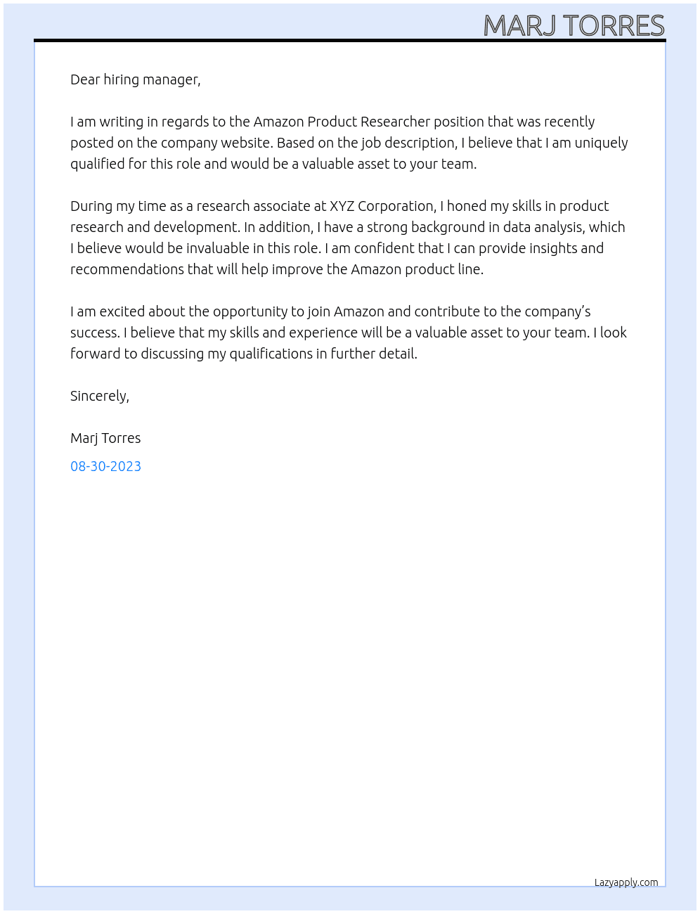 AMAZON PRODUCT RESEARCHER At amz Cover Letter
