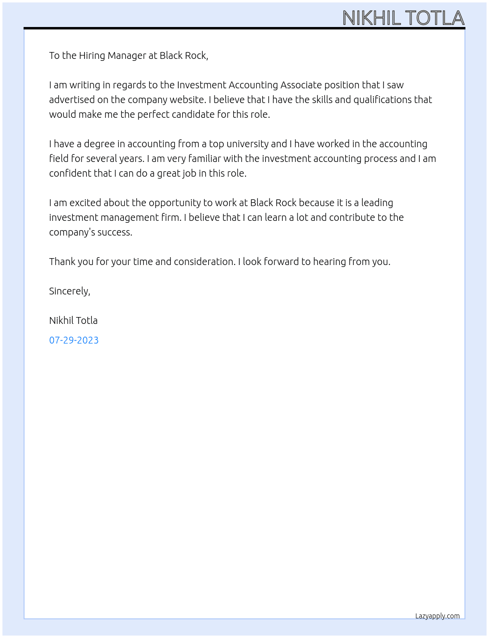 Investment Accounting Associate At Black Rock Cover Letter