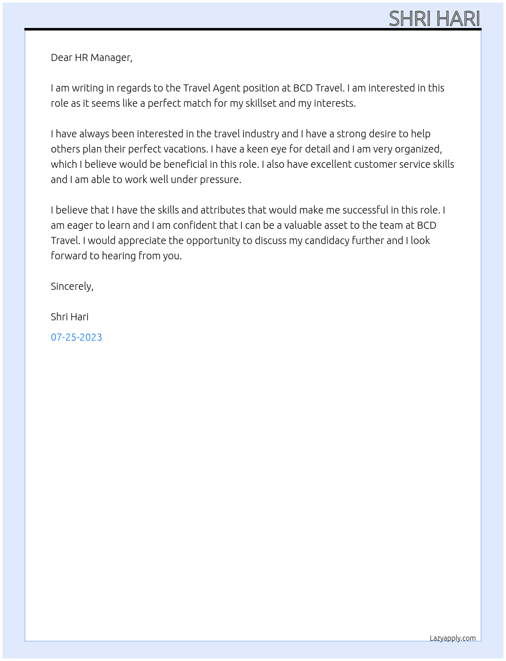 Travel agent At BCD Travel Cover Letter