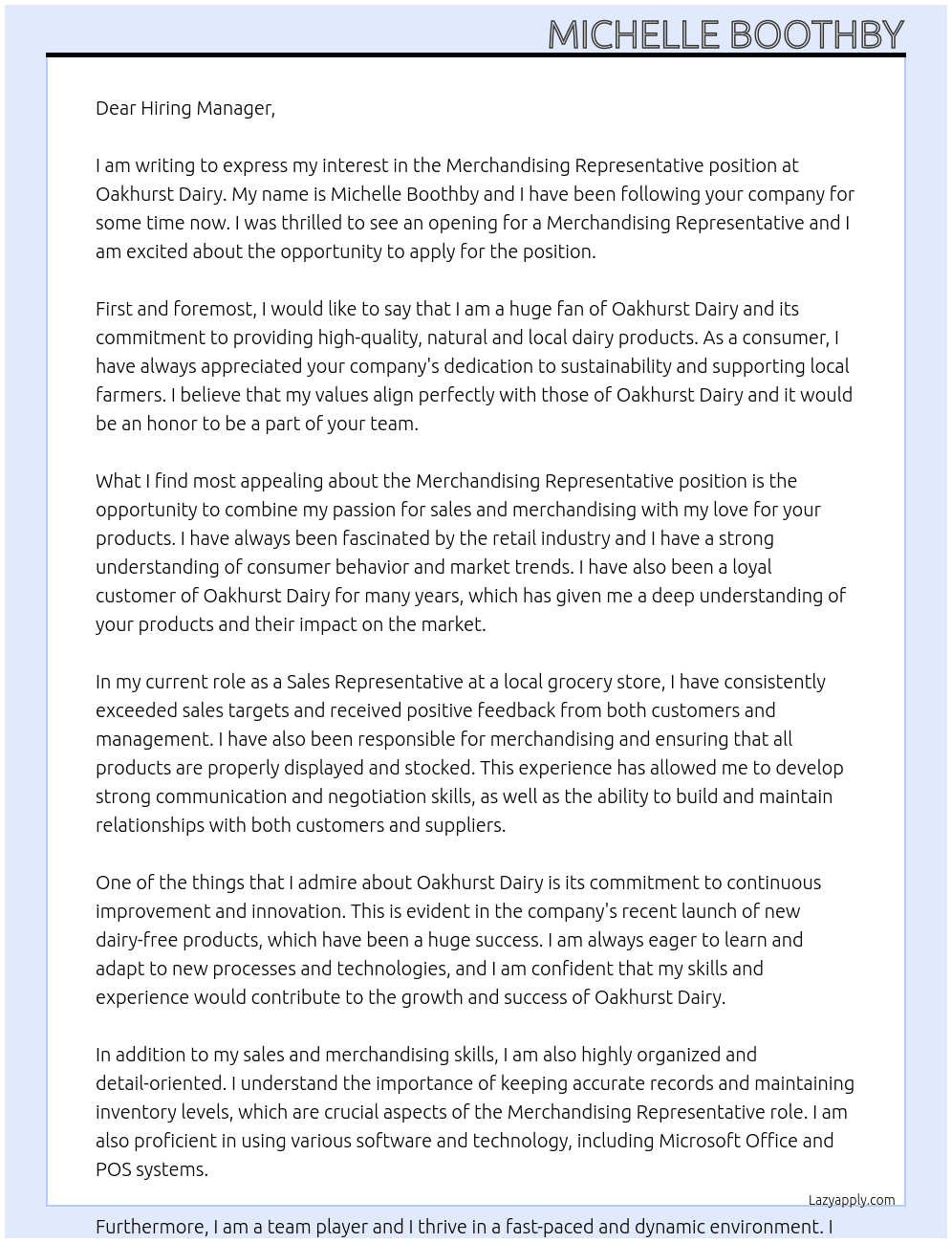 Merchandising Representative At Oakhurst Dairy  Cover Letter