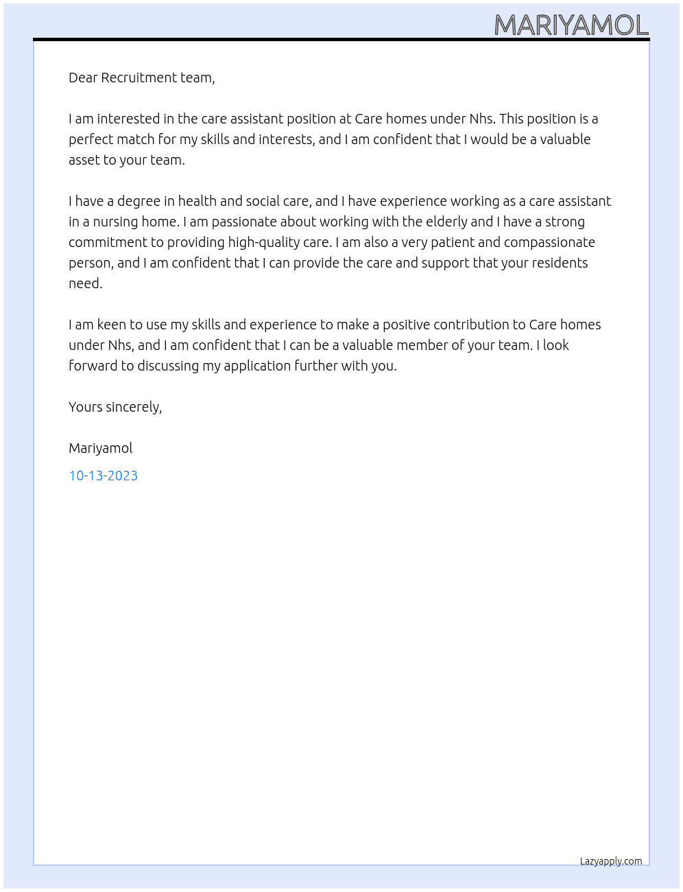 Care assistant  At Care homes under Nhs Cover Letter