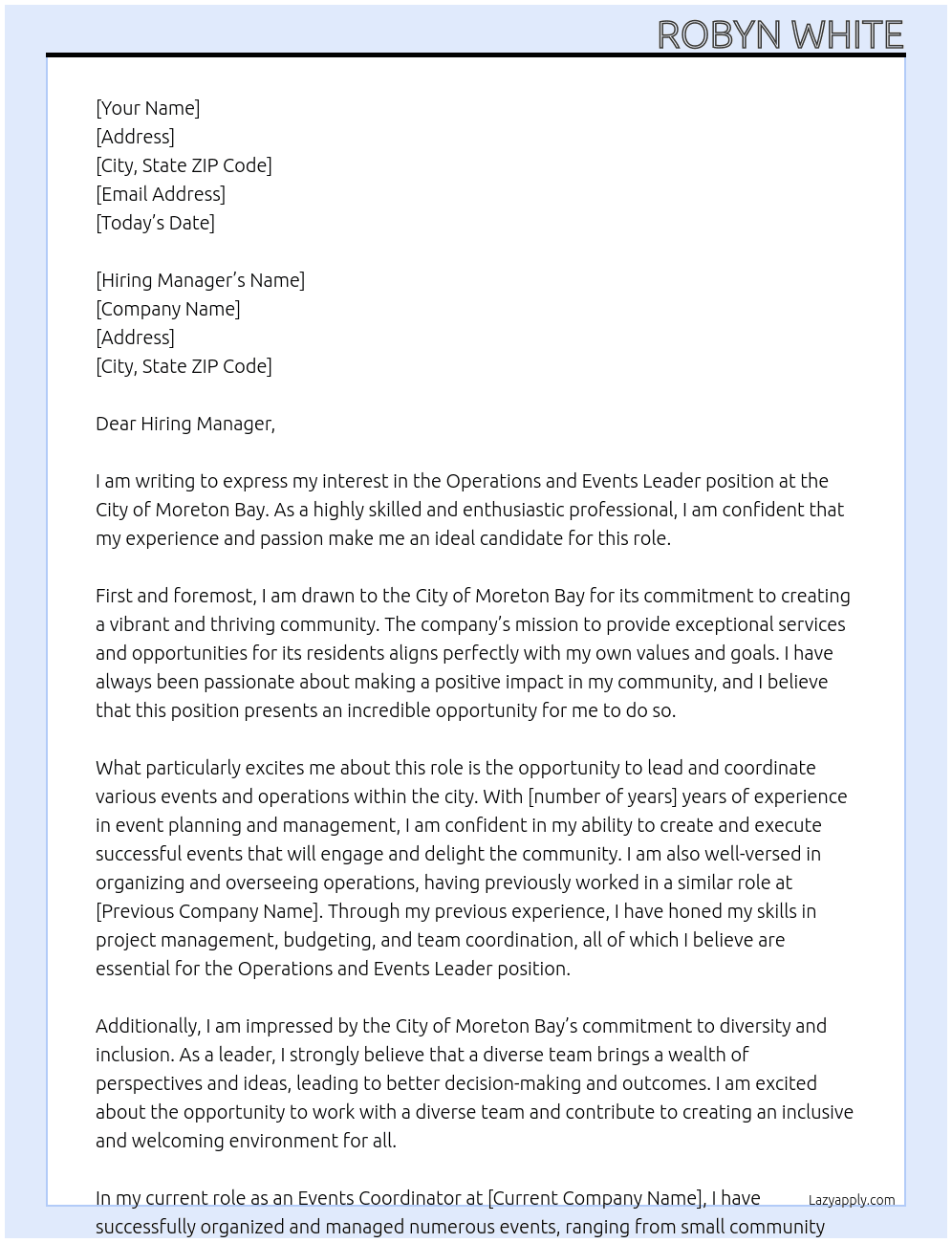 Operations and Events Leader At City of Moreton Bay Cover Letter