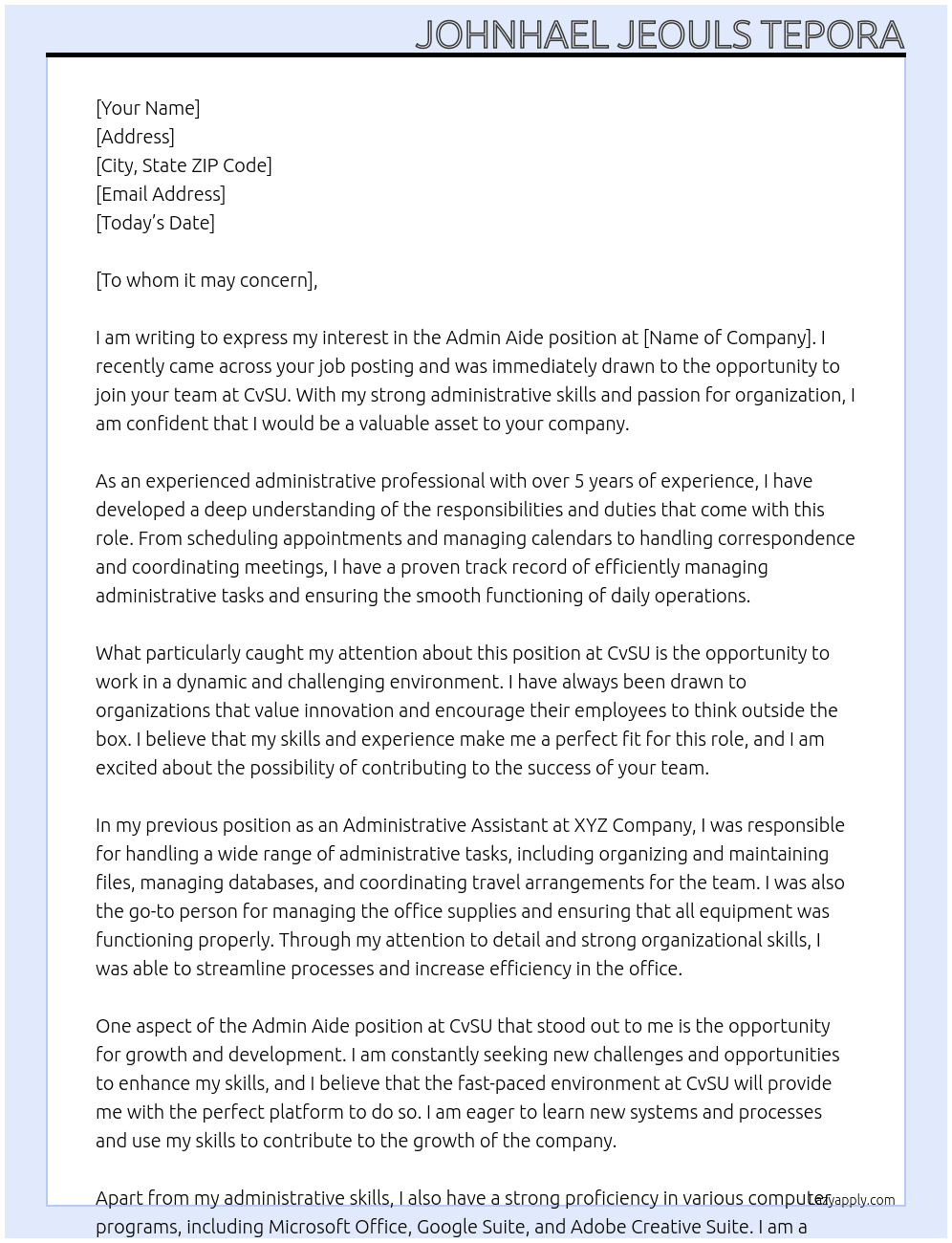 Admin Aide  At CvSU  Cover Letter