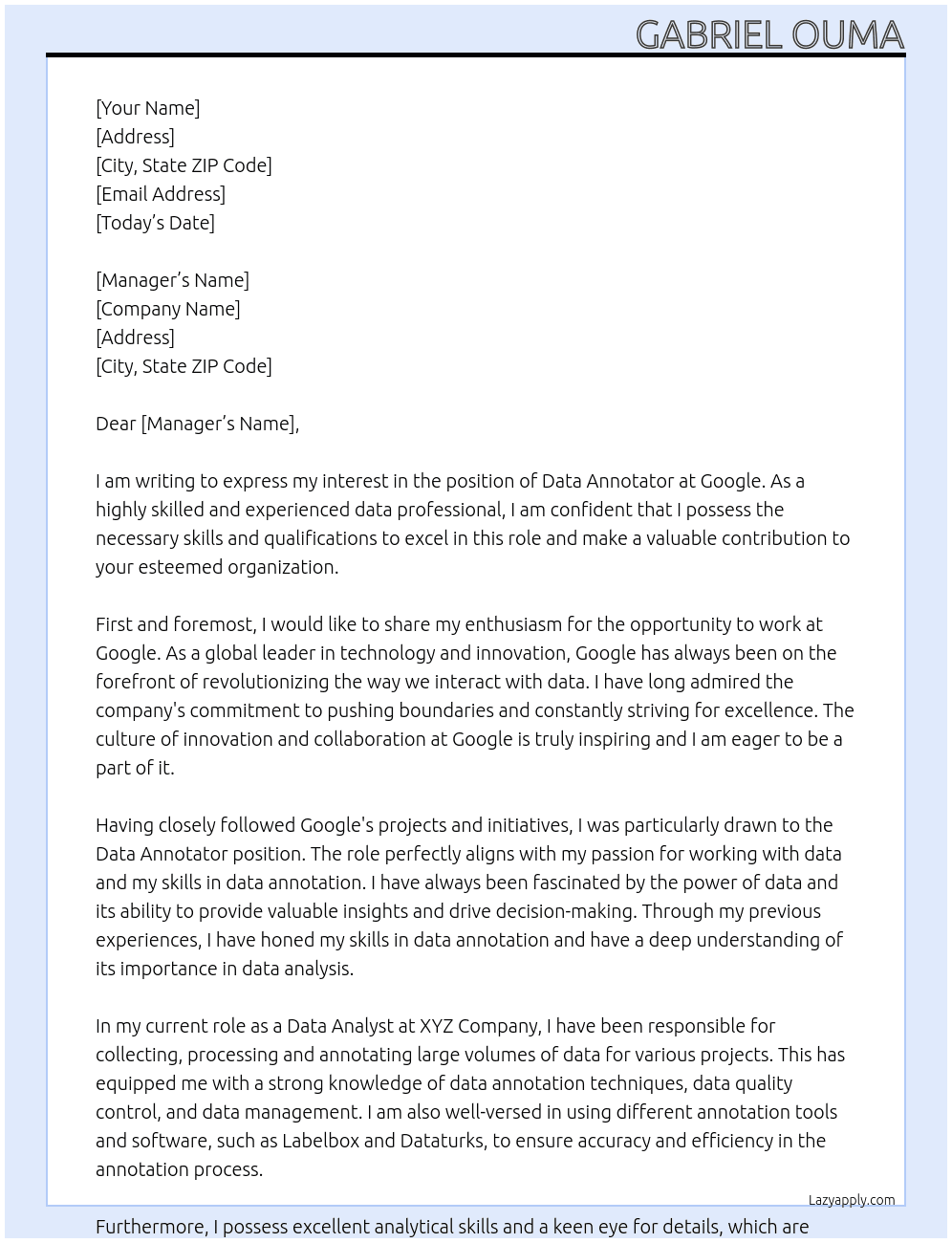 Data Annotator At google Cover Letter