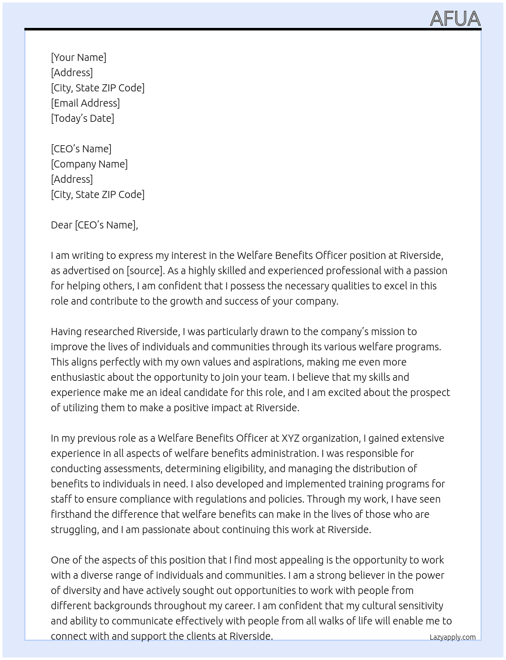welfare benefits officer At riverside Cover Letter