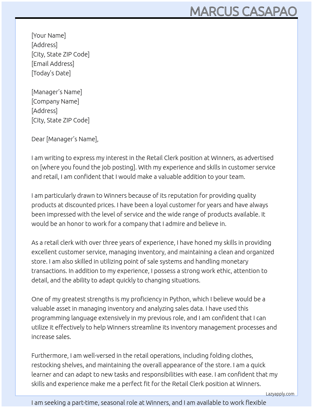 Retail Clerk At Winners Cover Letter