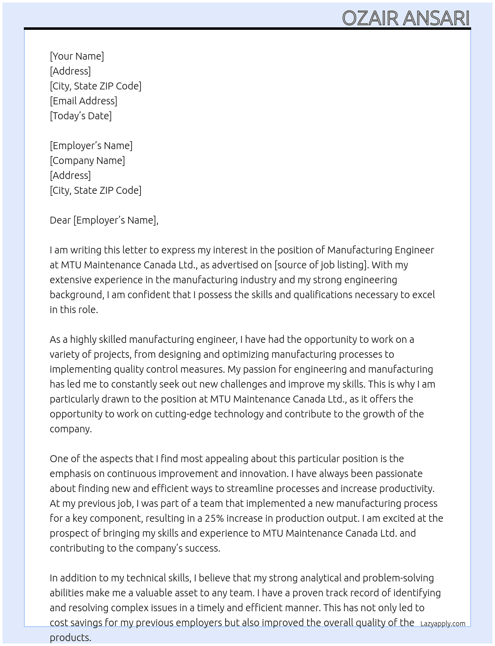 manufacturing engineer At MTU Maintenance Canada Ltd. Cover Letter