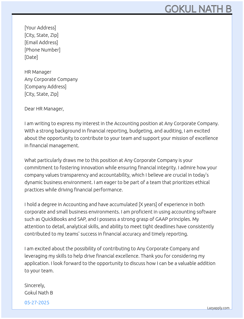 Accounting  At Any corporate companies  Cover Letter