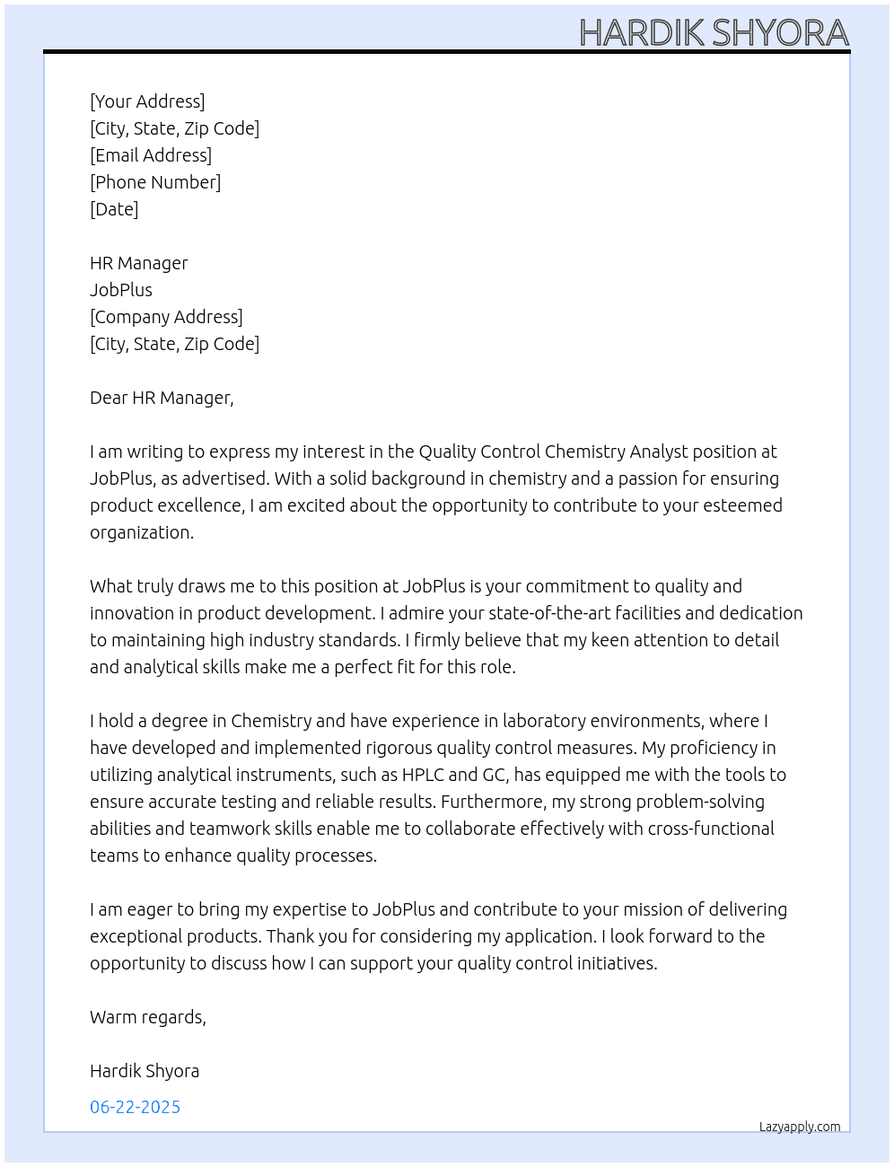 Quality Control Chemistry Analyst At jobplus Cover Letter