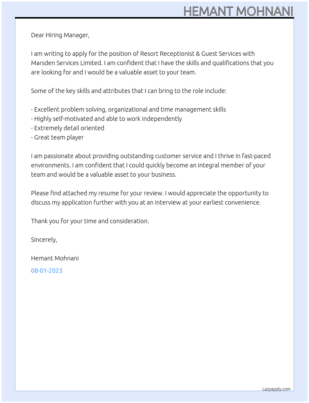 Resort Receptionist & Guest Services At Marsden Services Limited Cover Letter