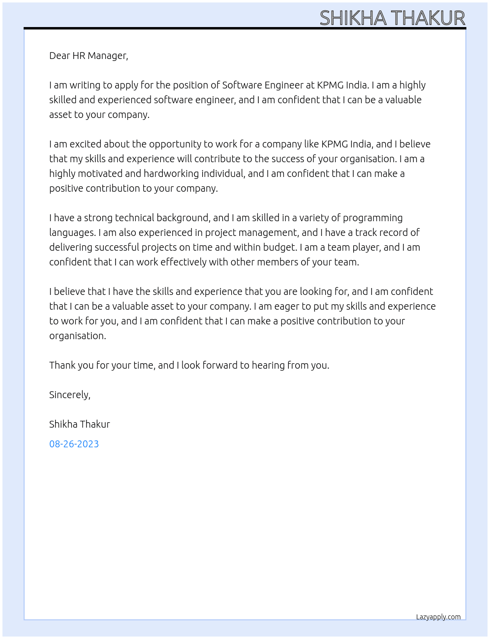 Software Engineering At KPMG India Cover Letter