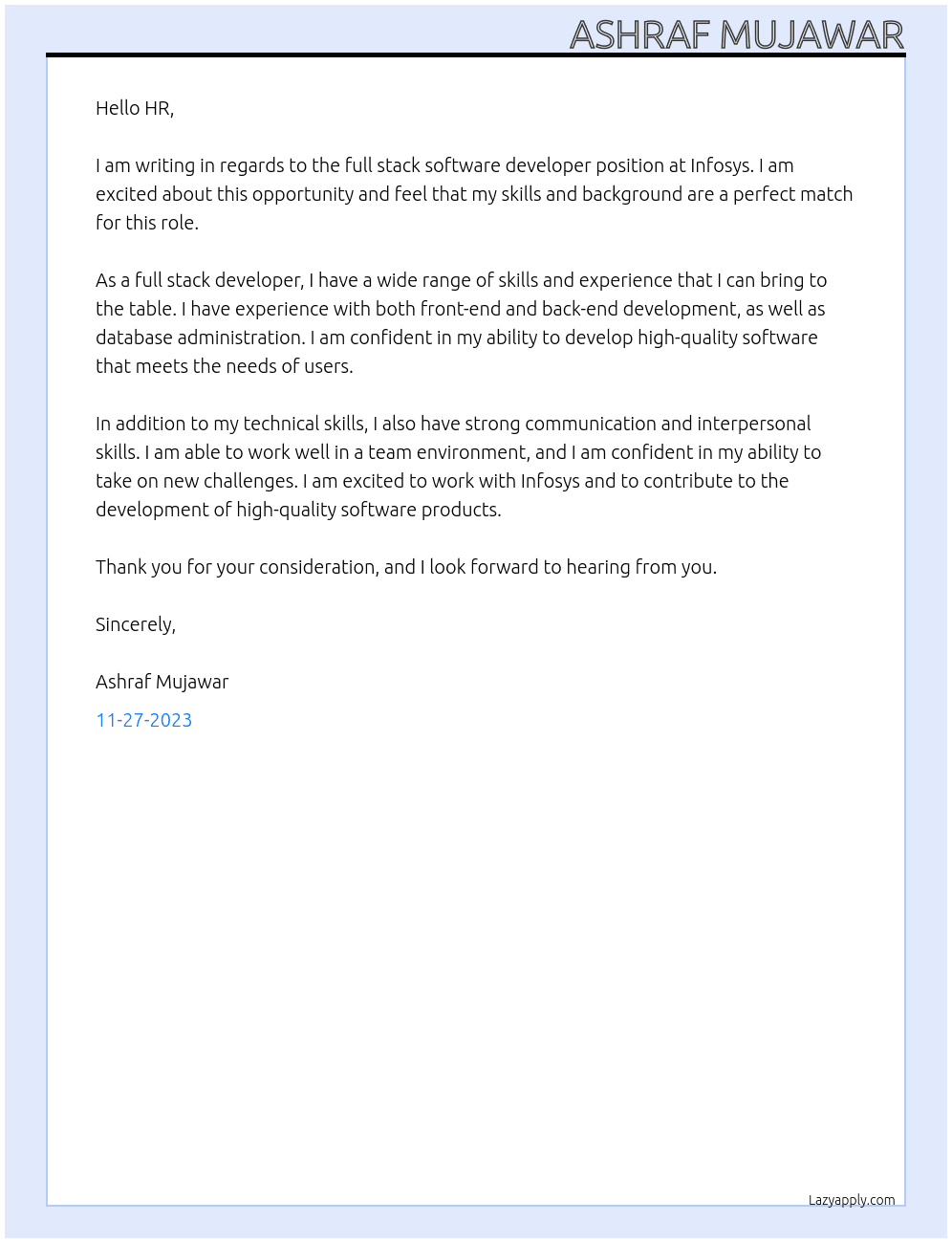 Full stack SOFTWARE DEVELOPER At Infosys Cover Letter