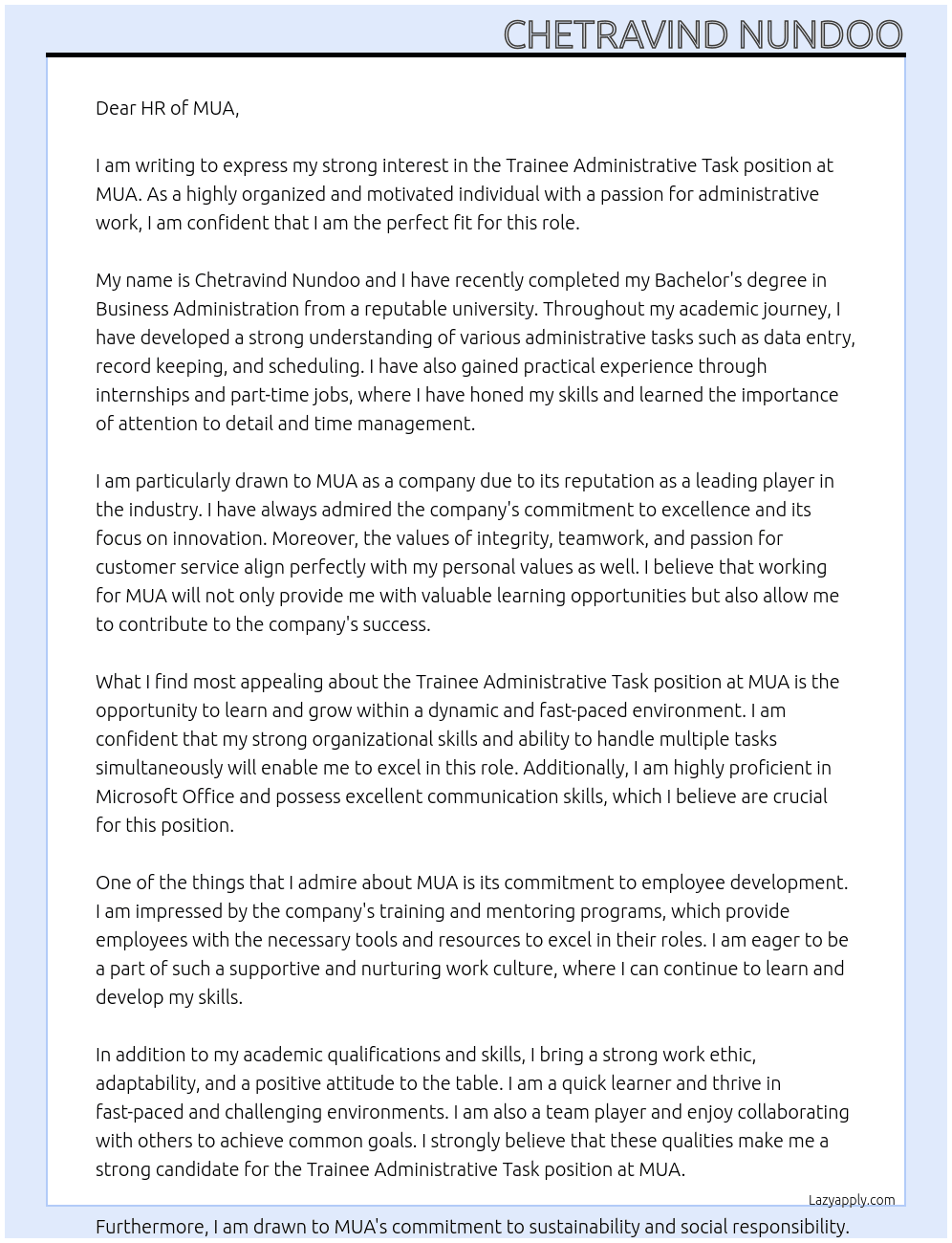 Trainee Administrative Task At MUA Cover Letter