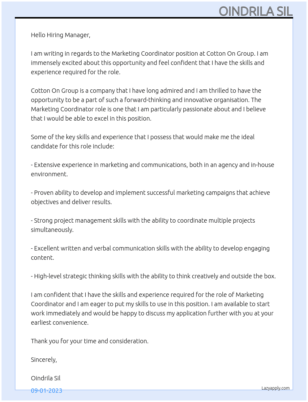 Marketing Coordinator At Cotton On Group Cover Letter