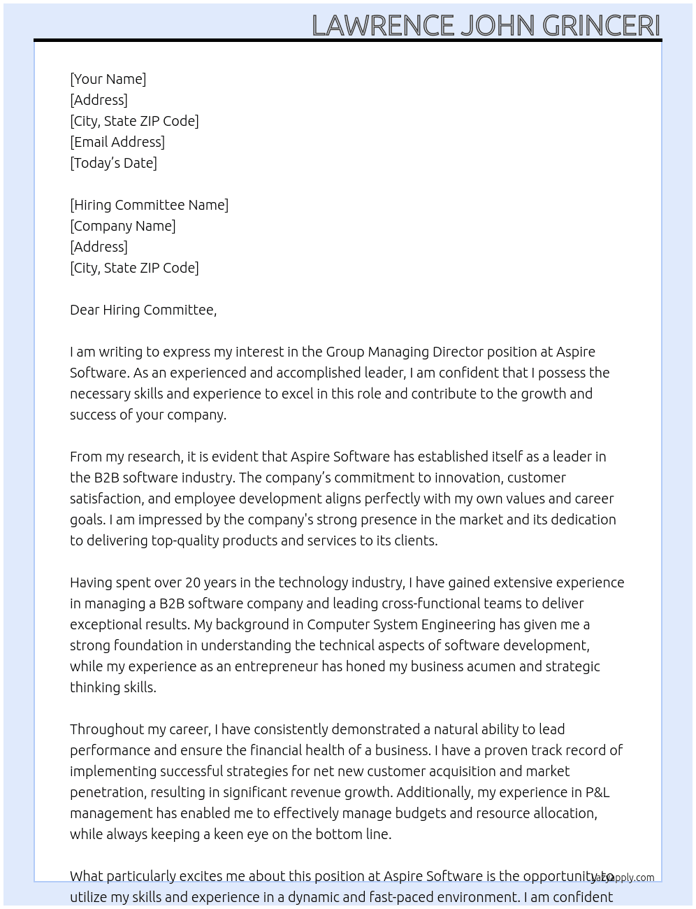 Group Managing Director At Aspire Software Cover Letter