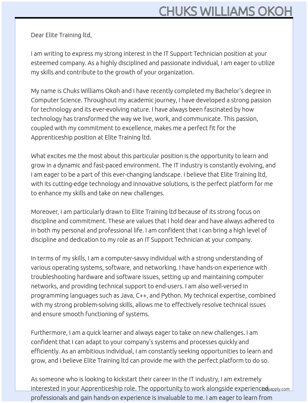 IT support technician At Apprentiship position Cover Letter