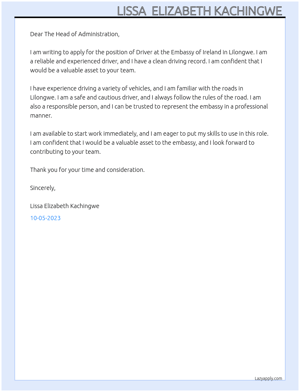 Driver At The Embassy of Ireland, Lilongwe. Cover Letter