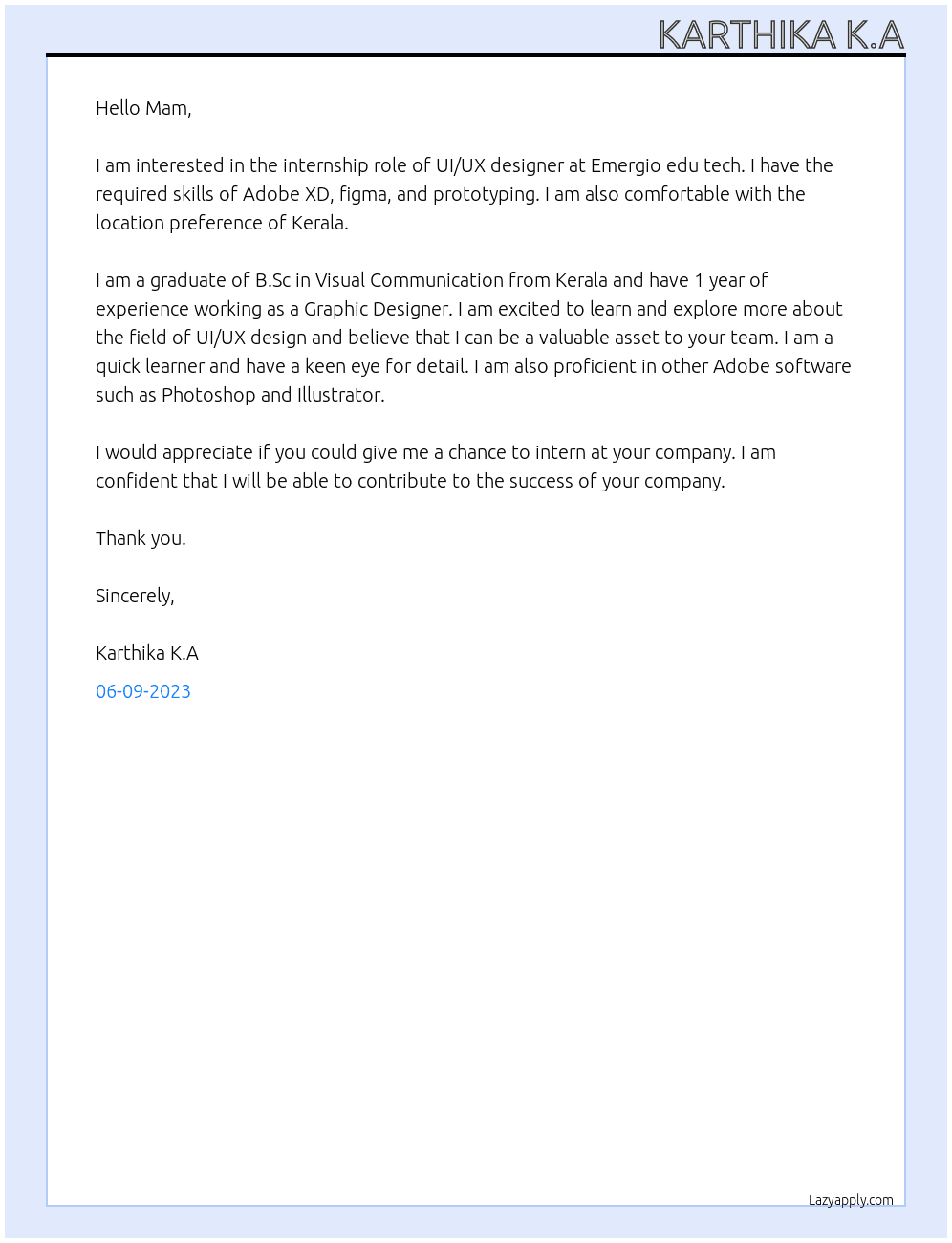Ui ux designer  At Emergio edu tech  Cover Letter