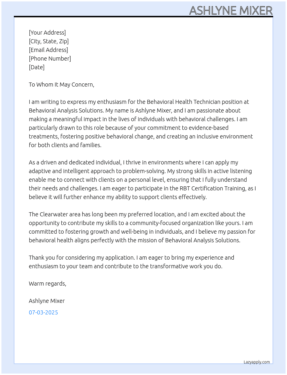 Behavioral health technician  At Behavioral Analysis Solutions  Cover Letter