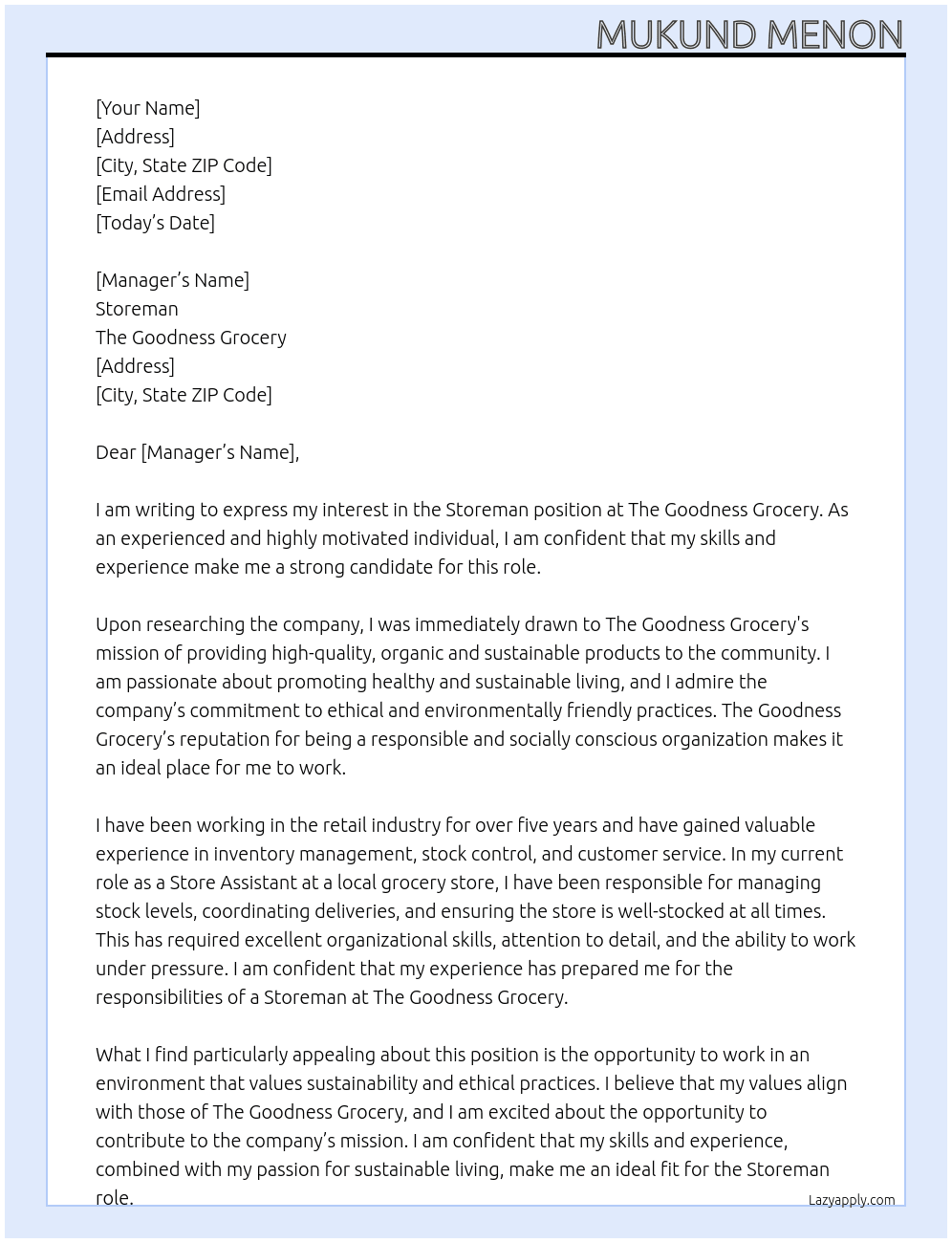 Storeman At The Goodness Grocery  Cover Letter