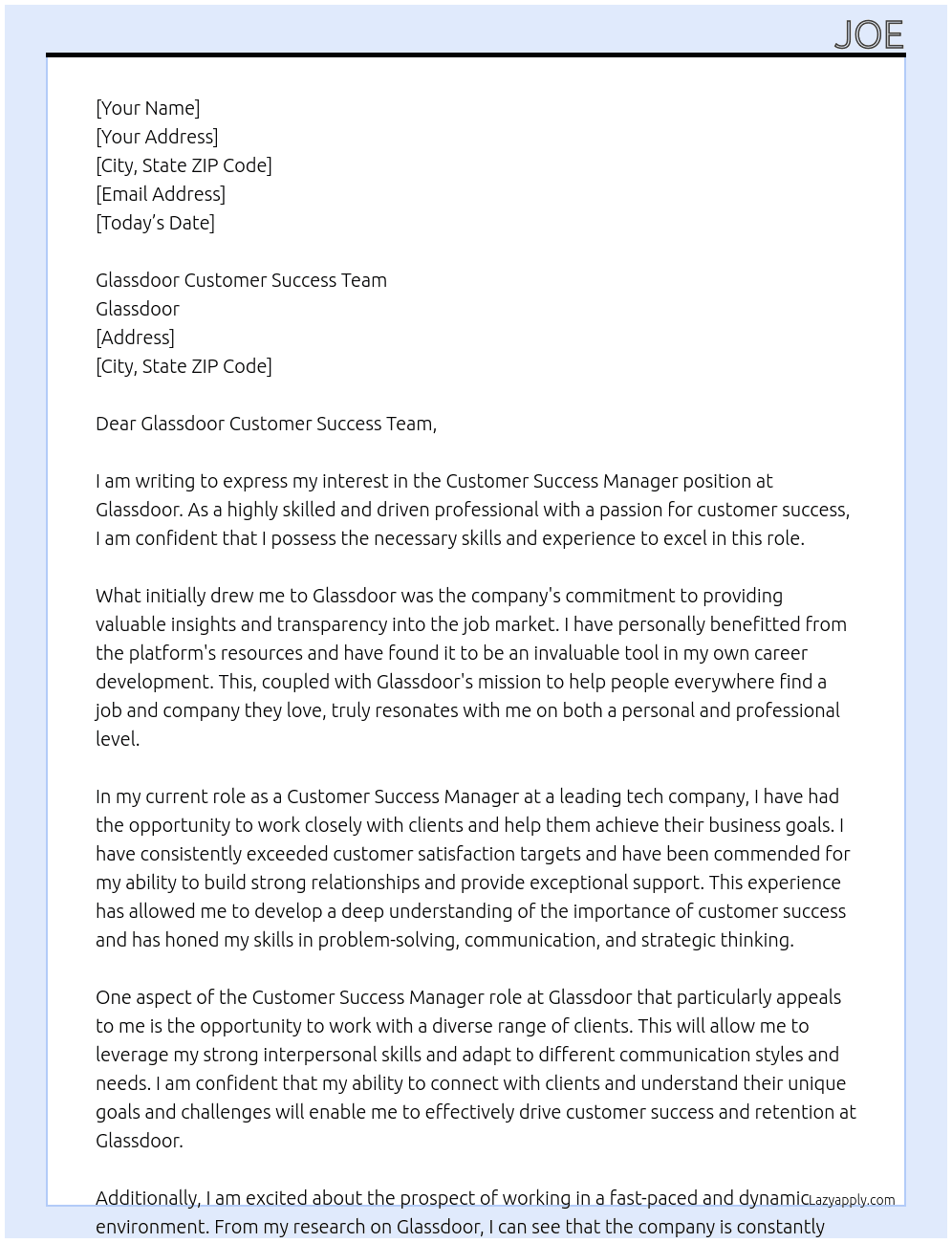 Customer Success Manager At Glassdoor Cover Letter