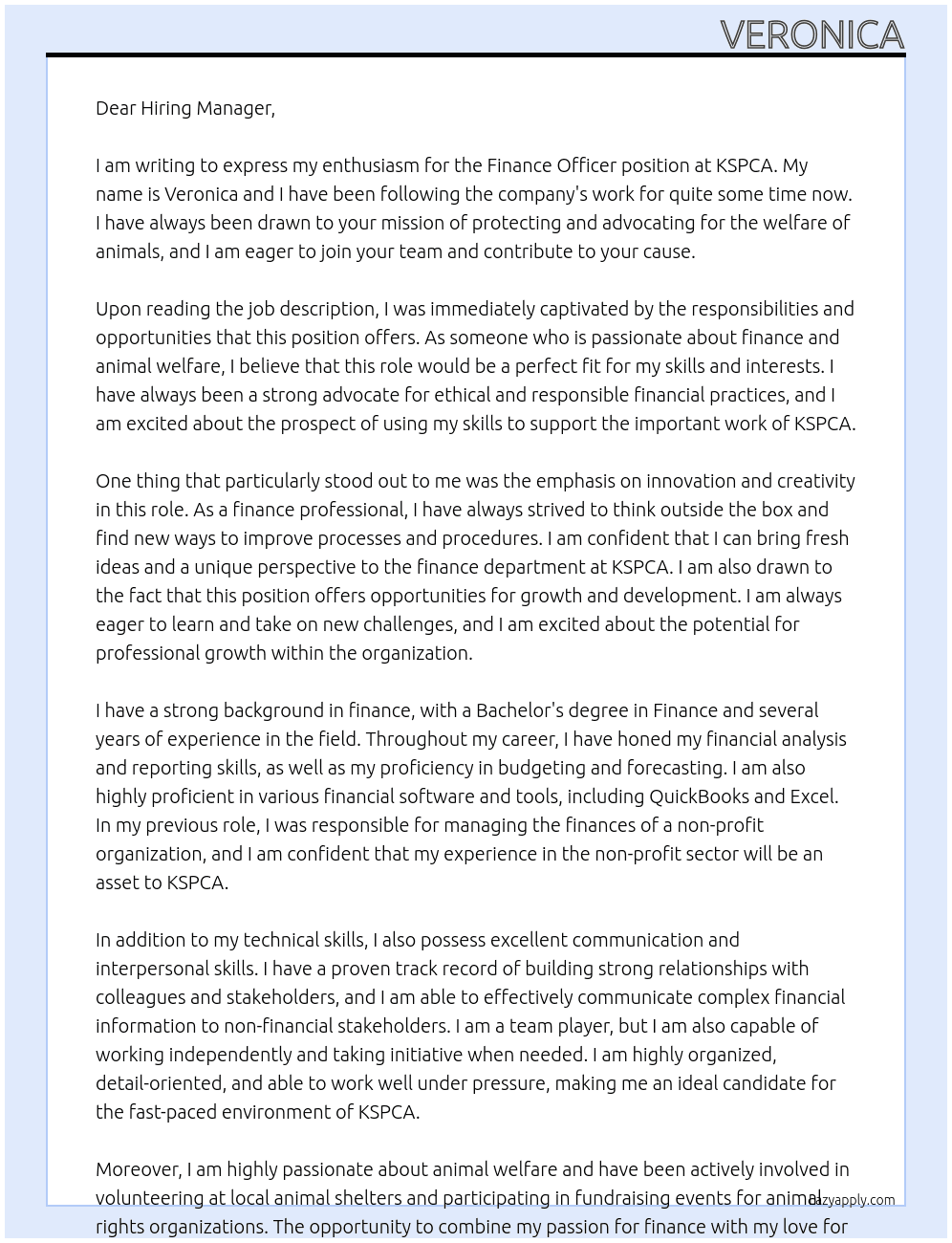 Finance Officer At KSPCA Cover Letter