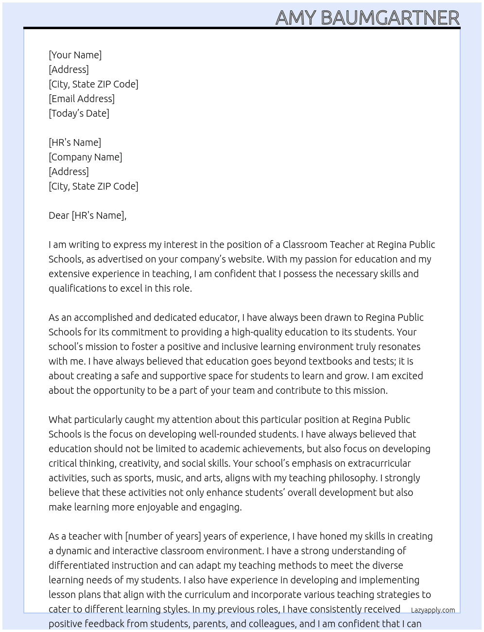 Teacher At Regina public schools Cover Letter