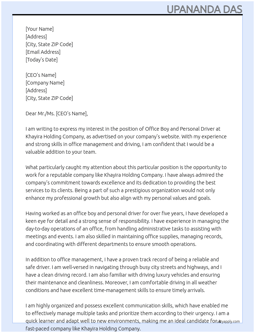 Office Boy and personal driver At Khayira Holding Company  Cover Letter