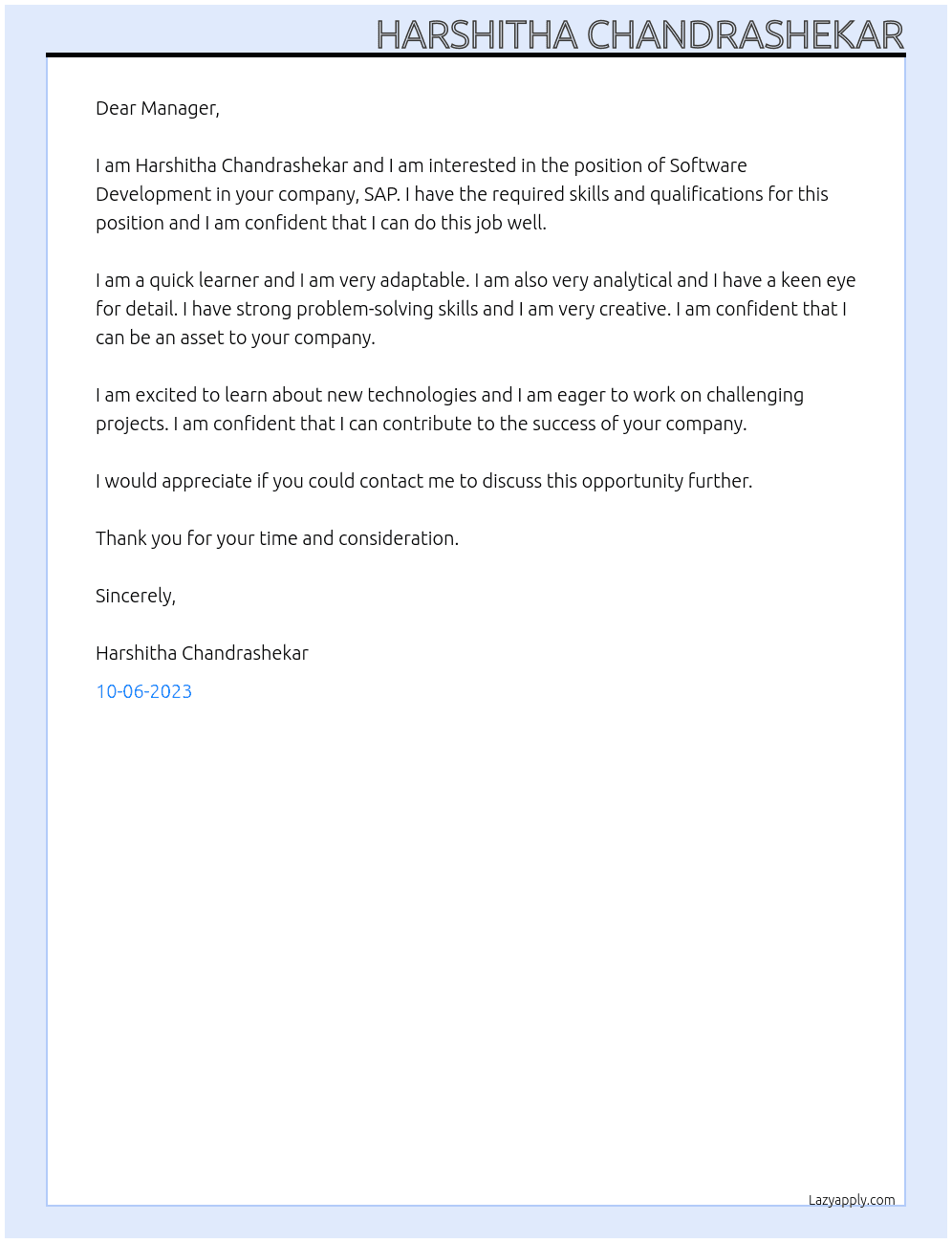 Software Development At SAP Cover Letter