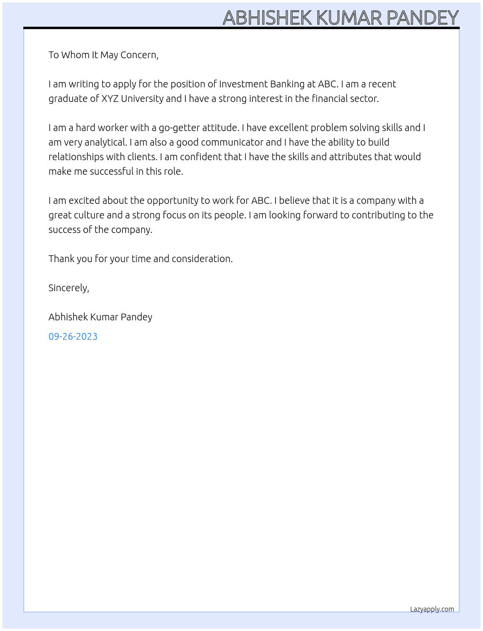 Investment banking At Abc Cover Letter