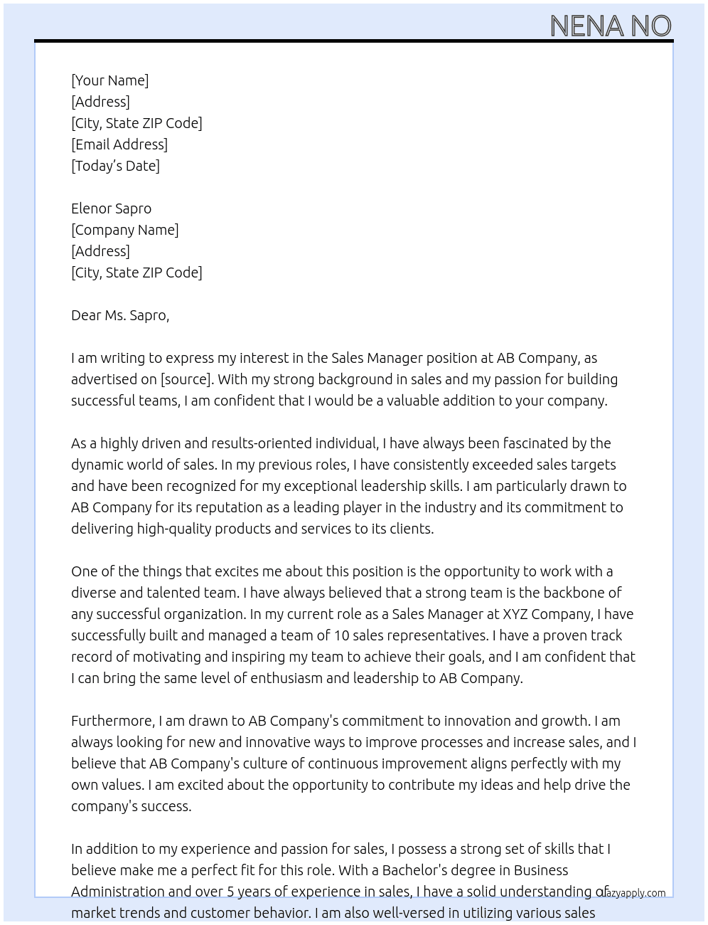 Sales Manager At AB Company Cover Letter