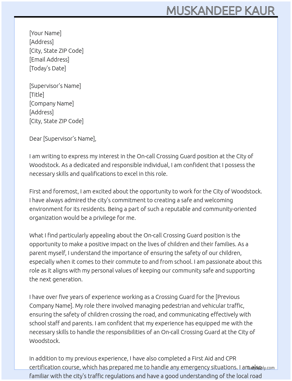 On-call Crossing Guard  At City of Woodstock Cover Letter