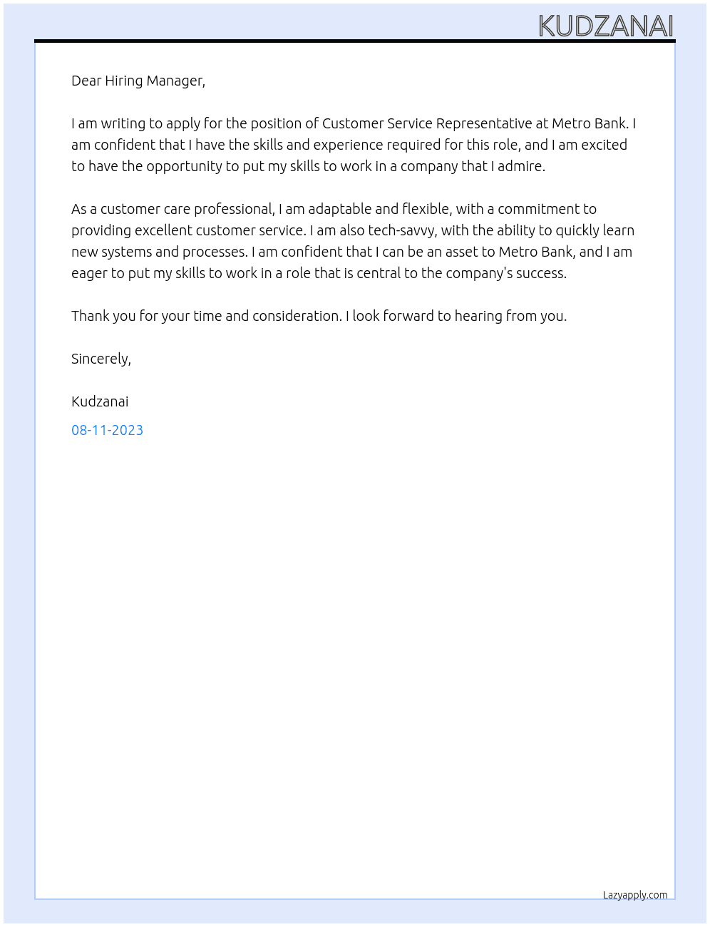 Customer Service Representative  At Metro Bank Cover Letter