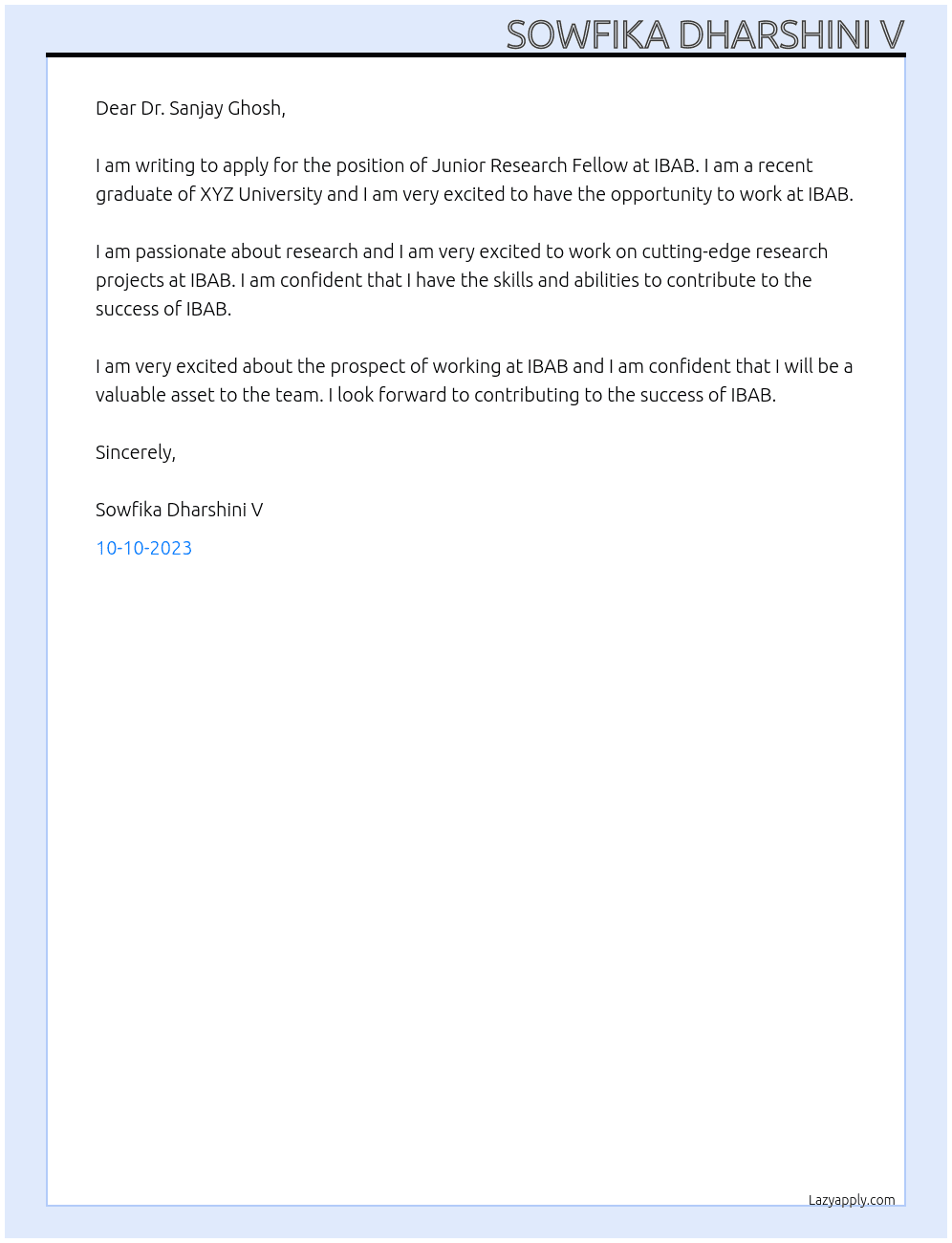 Junior Research fellow At IBAB Cover Letter