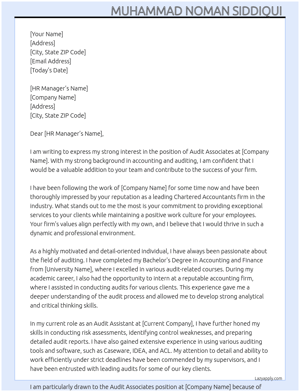 Audit Associates  At Chartered Accountants firm Cover Letter