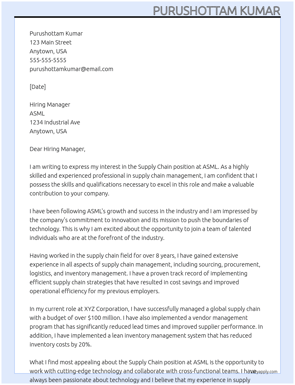 Supply Chain At ASML Cover Letter